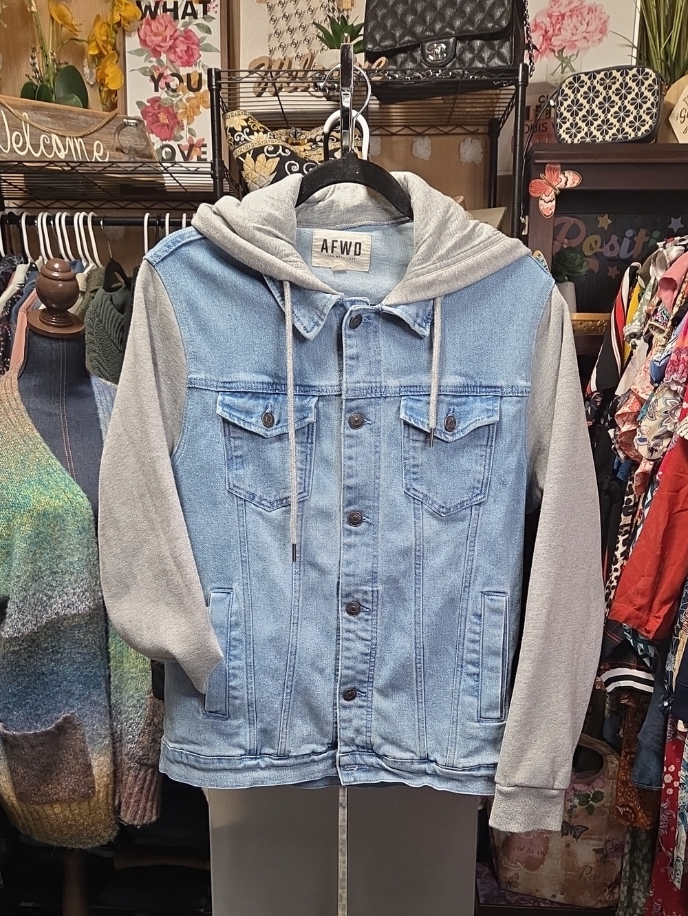 Womens  Light Blue Denim Jacket with Gray Hoodie Sleeves